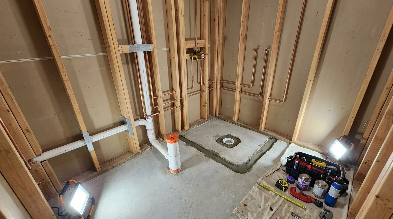 Bathroom rough-in plumbing during remodel by Johns Plumbing LLC in Marlborough
