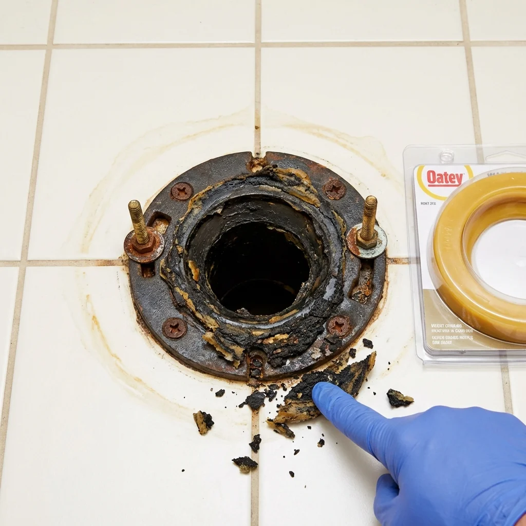 Failed wax ring showing water seepage at the base of a toilet in a Marlborough, NH home