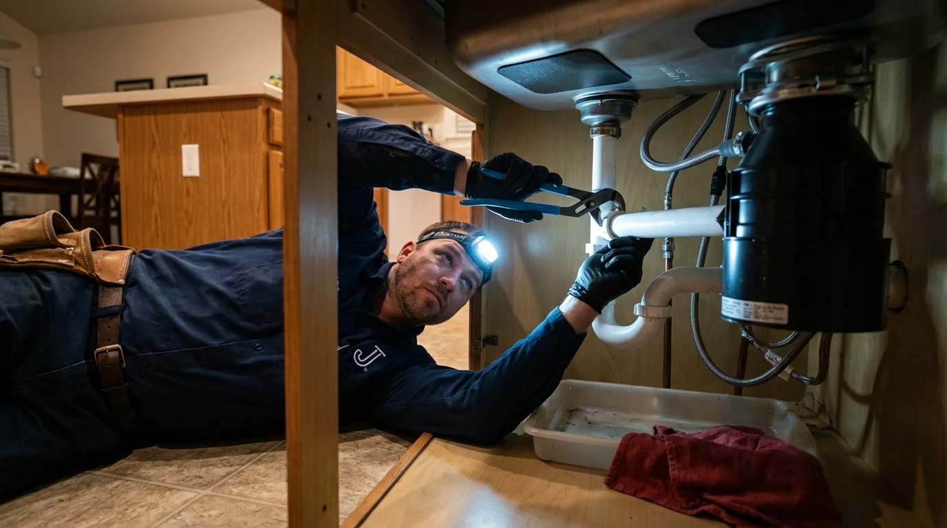 P-trap and supply line connections under a kitchen sink showing a common leak point in Marlborough, NH